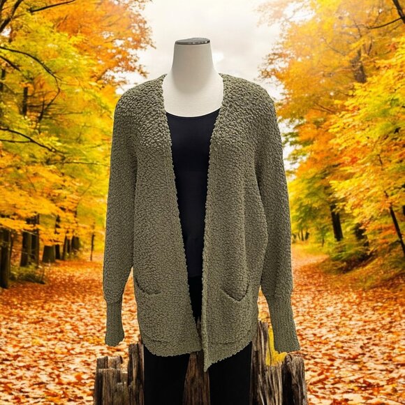 MEROKEETY L Womens Olive Sherpa-Textured Knit Cardigan Cozy Fall Layering Casual - Picture 1 of 9